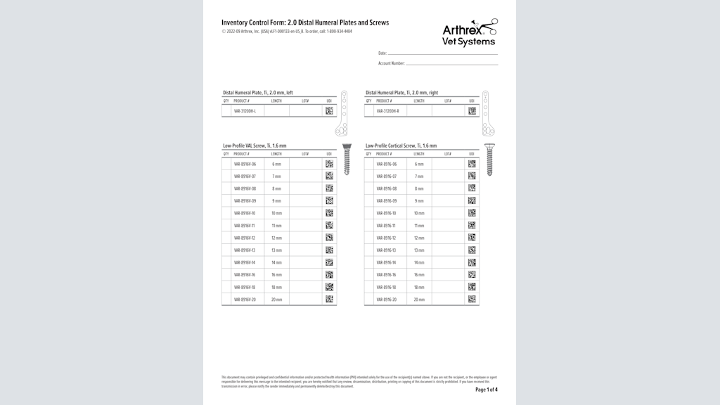 Inventory Control Form: 2.0 Distal Humeral Plates and Screws