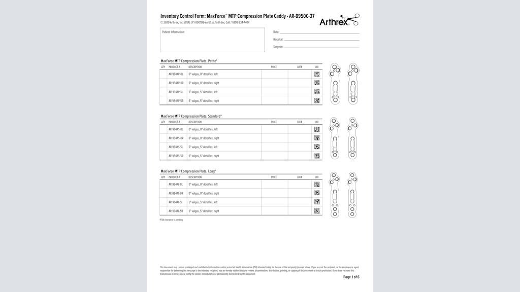 Inventory Control Form: MaxForce™ MTP Compression Plate Caddy - AR-8950C-37