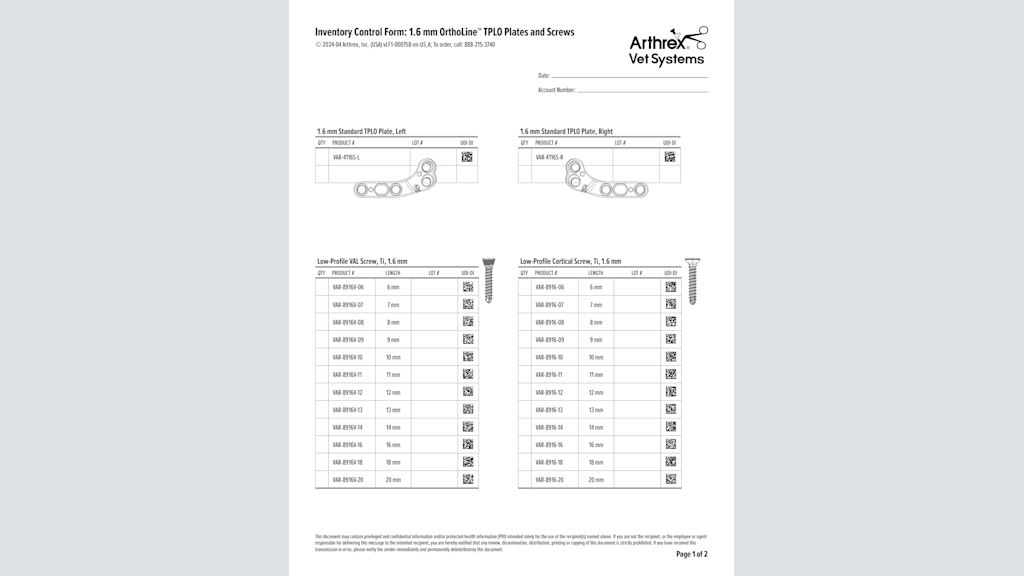 Inventory Control Form: 1.6 mm OrthoLine™ TPLO Plates and Screws