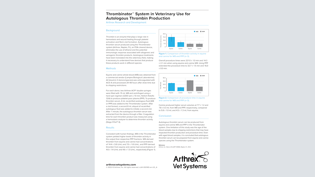 Thrombinator™ System in Veterinary Use for Autologous Thrombin Production