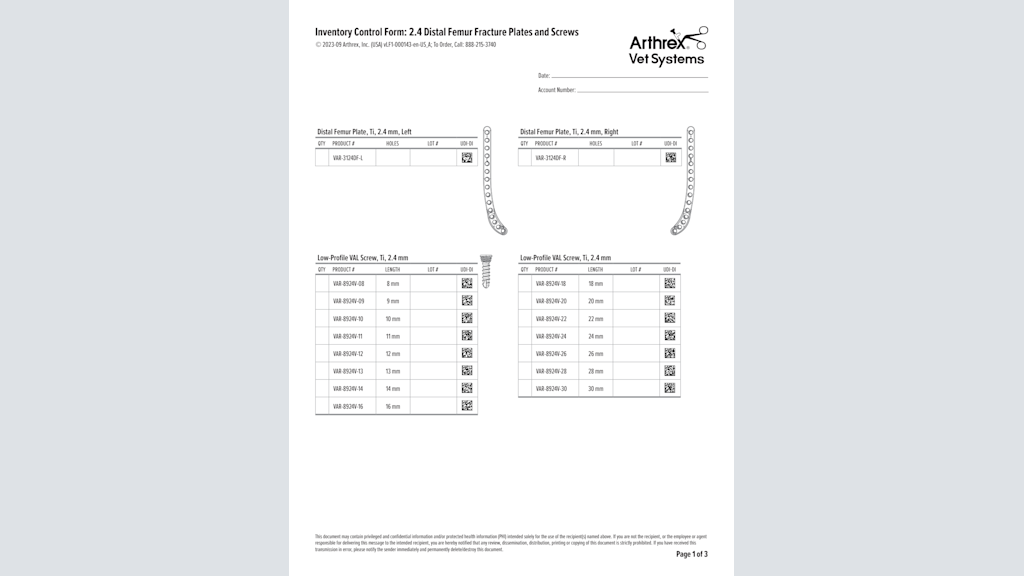 Inventory Control Form: 2.4 Distal Femur Fracture Plates and Screws