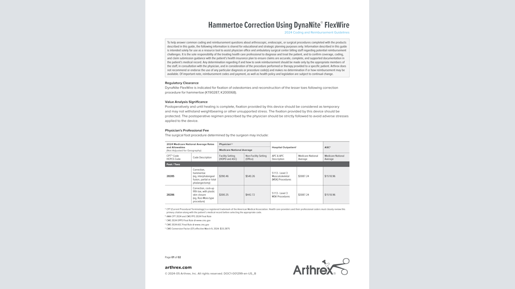 Hammertoe Correction Using DynaNite® FlexWire - 2024 Coding and Reimbursement Guidelines