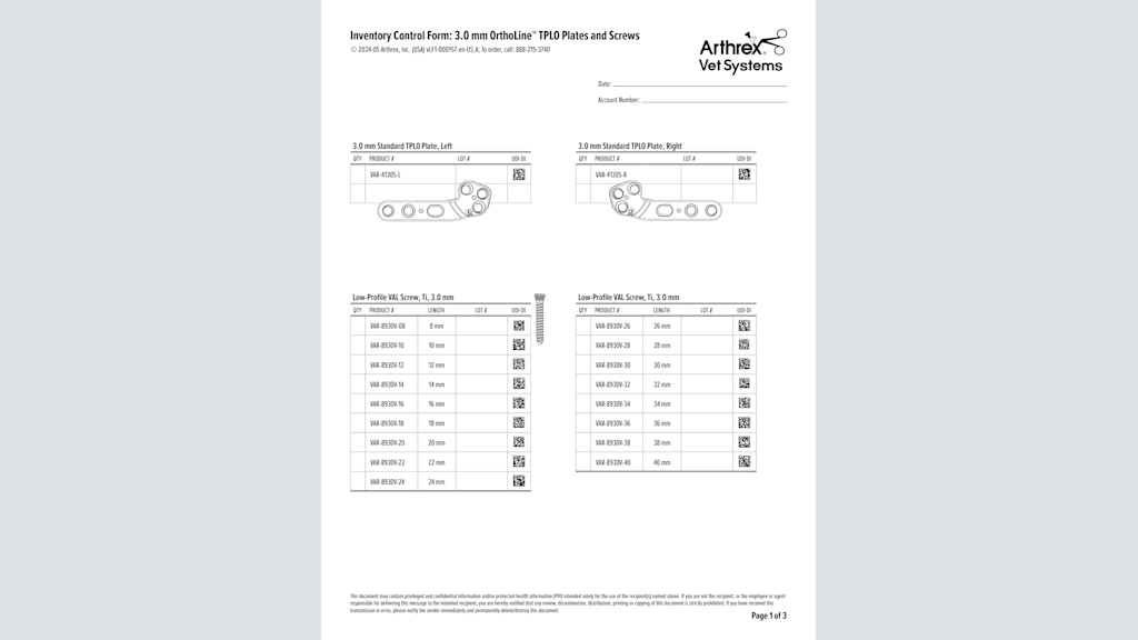 Inventory Control Form: 3.0 mm OrthoLine™ TPLO Plates and Screws