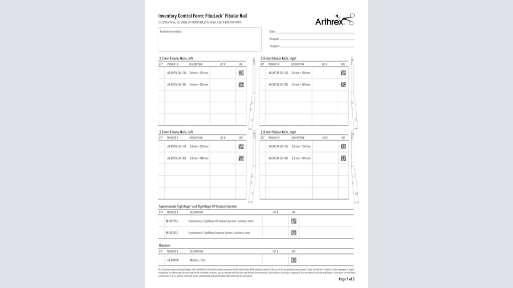 Inventory Control Form: FibuLock® Fibular Nail