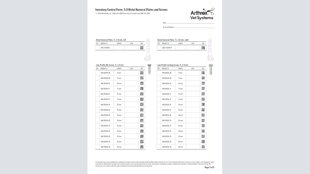 Inventory Control Form: 3.0 Distal Humeral Plates and Screws