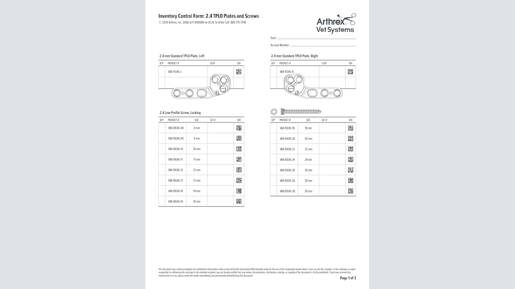 Inventory Control Form: 2.4 TPLO Plates and Screws