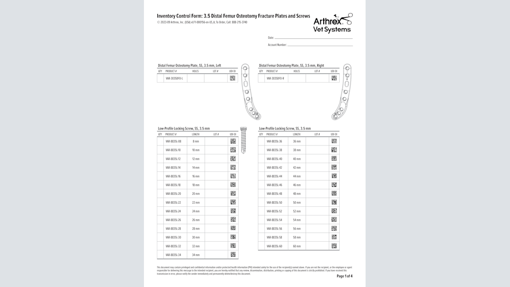 Inventory Control Form: 3.5 Distal Femur Osteotomy Fracture Plates and Screws