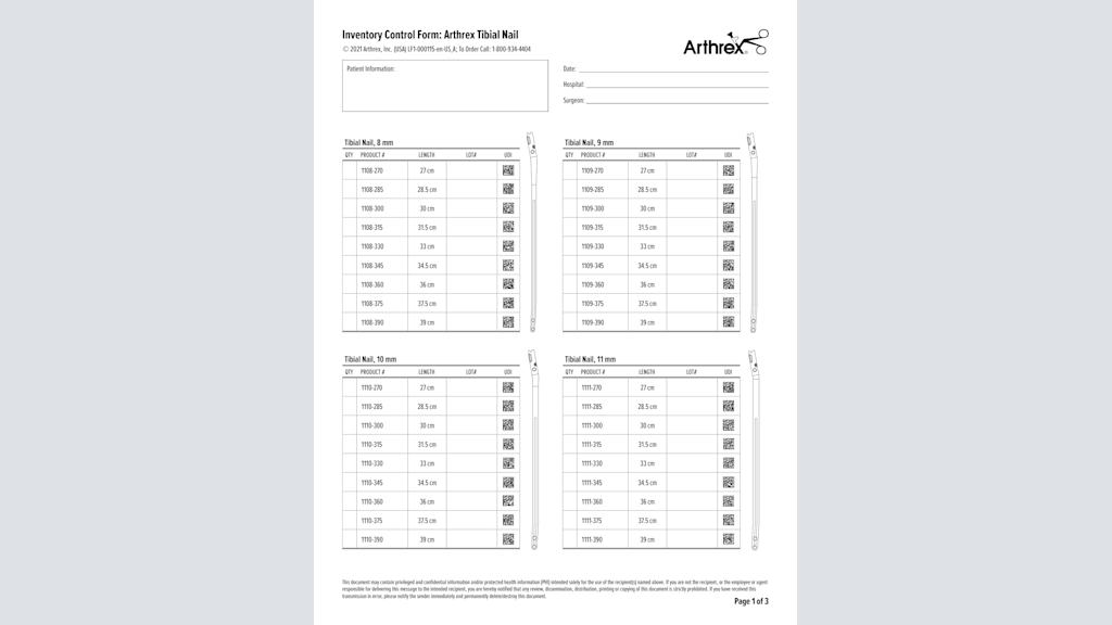 Inventory Control Form: Arthrex Tibial Nail