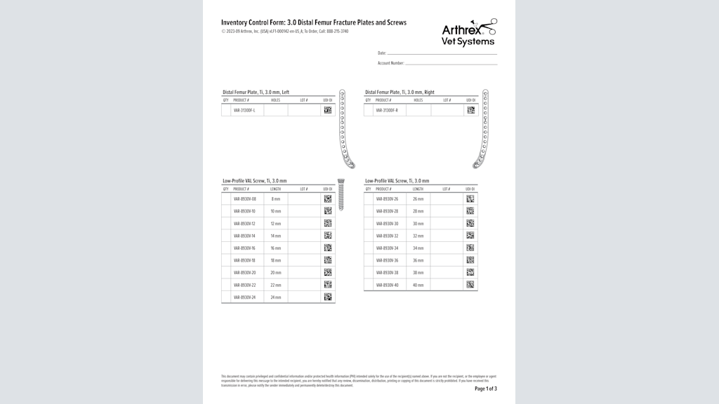 Inventory Control Form: 3.0 Distal Femur Fracture Plates and Screws