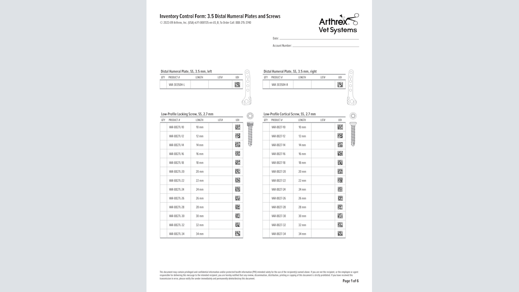 Inventory Control Form: 3.5 Distal Humeral Plates and Screws