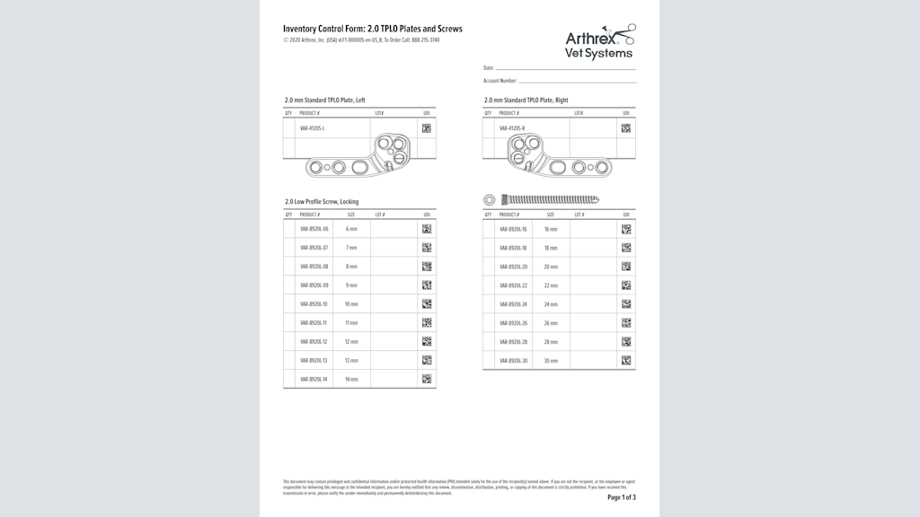 Inventory Control Form: 2.0 TPLO Plates and Screws