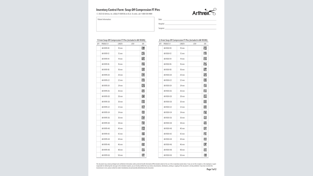 Inventory Control Form: Snap-Off Compression FT Pins