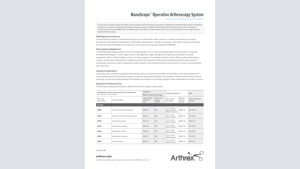 NanoScope™ Operative Arthroscopy System - 2024 Coding and Reimbursement Guidelines