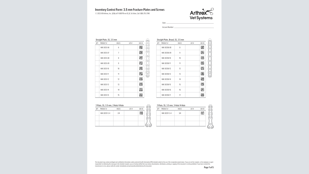 Inventory Control Form: 3.5 mm Fracture Plates and Screws