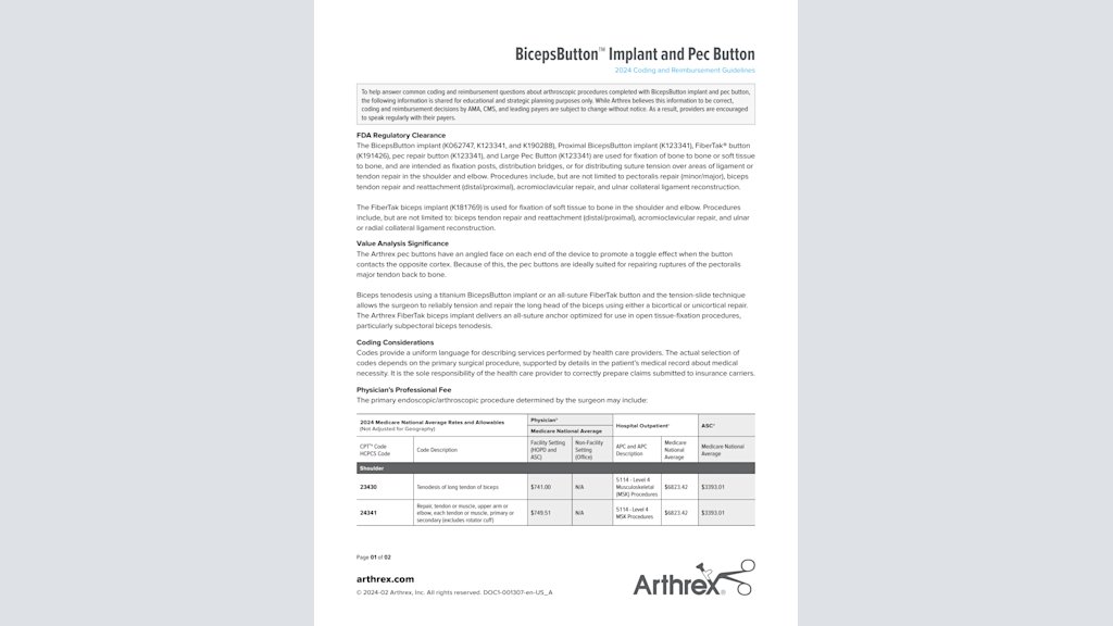 BicepsButton™ Implant and Pec Button - 2024 Coding and Reimbursement Guidelines