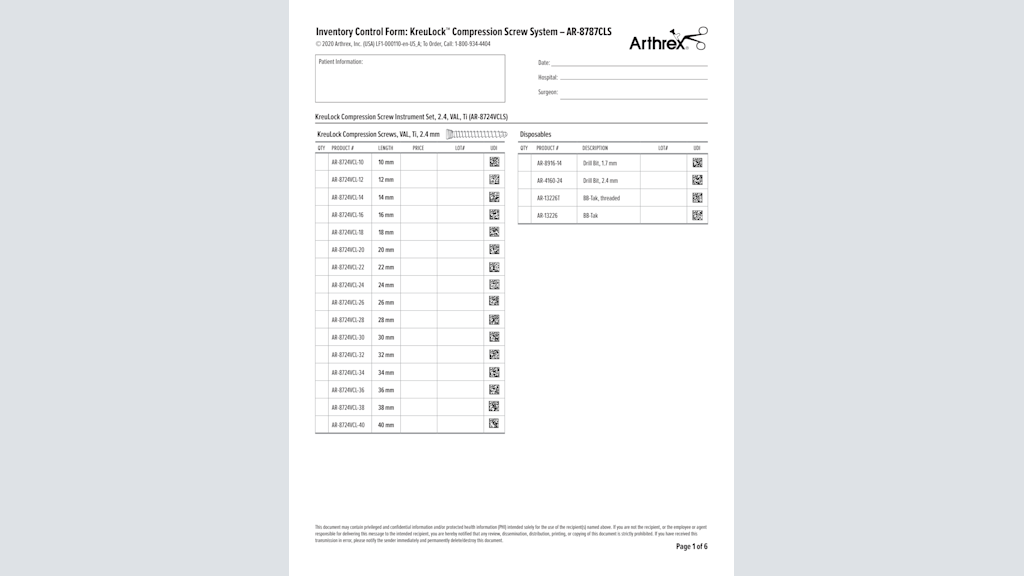 Inventory Control Form: KreuLock™ Compression Screw System – AR-8787CLS