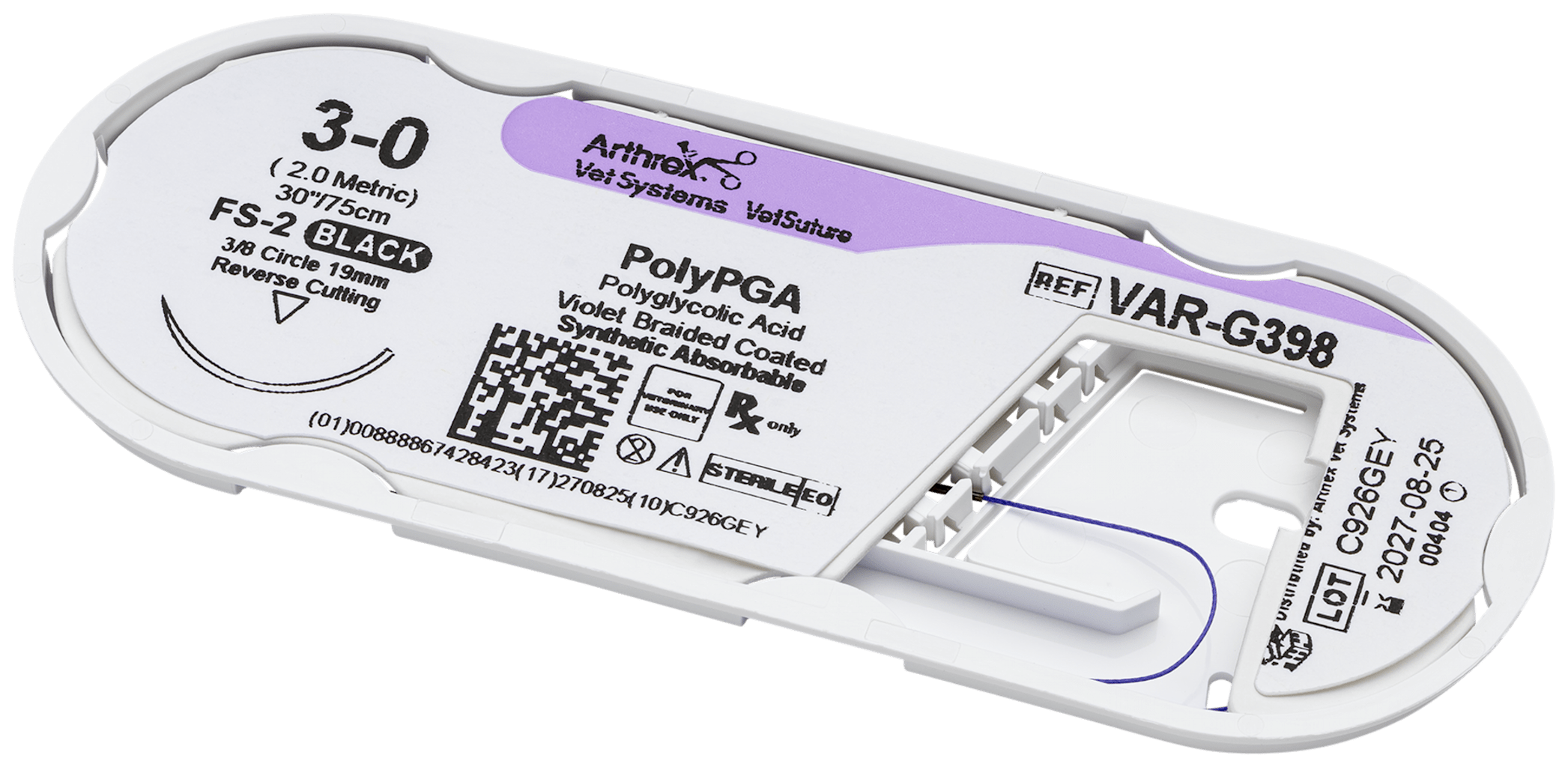 Arthrex - PolyPGA 3-0 Violet 30”, FS-2 Reverse Cutting 19mm 3/8C - VAR-G398