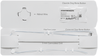 Acute AC Repair Implant System Includes Dog Bone Button Preloaded on FiberTape and TigerTape Loops, Free Dog Bone Button, 3 mm Cannulated Drill, and Nitinol Suture-Passing Wire