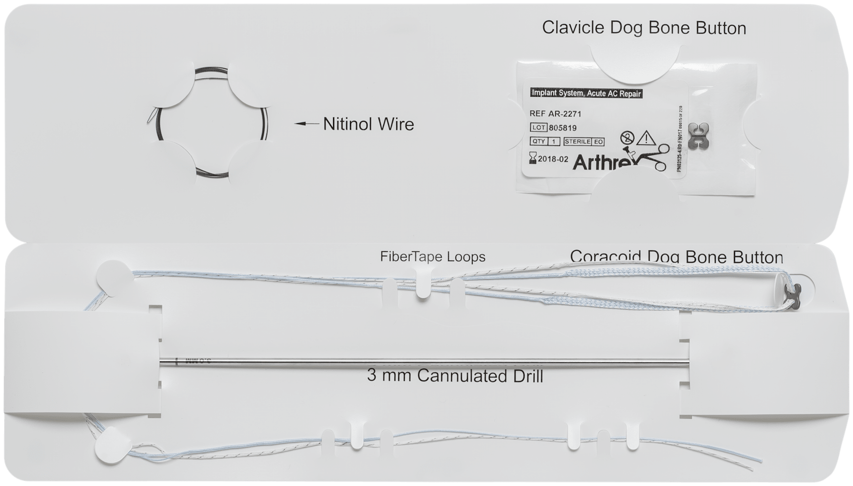 Acute AC Repair Implant System Includes Dog Bone Button Preloaded on FiberTape and TigerTape Loops, Free Dog Bone Button, 3 mm Cannulated Drill, and Nitinol Suture-Passing Wire