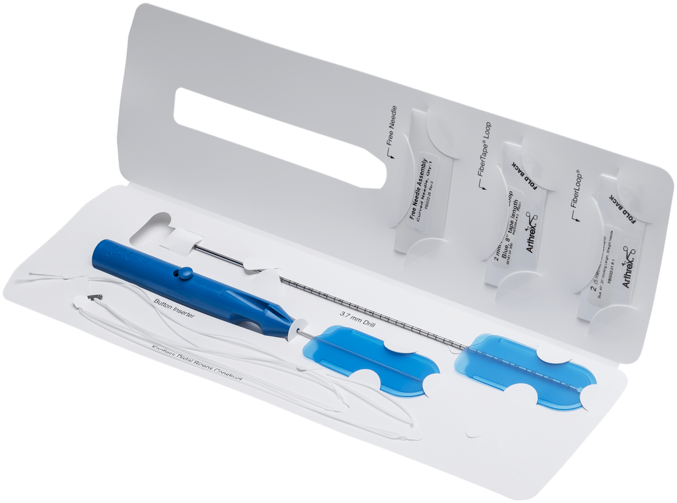Knotless Distal Biceps Implant System (Includes: Knotless BicepsButton Implant, Button Inserter, 3.7 mm Drill Pin, FiberTape Loop, #2 FiberLoop, and Curved Free Needle)