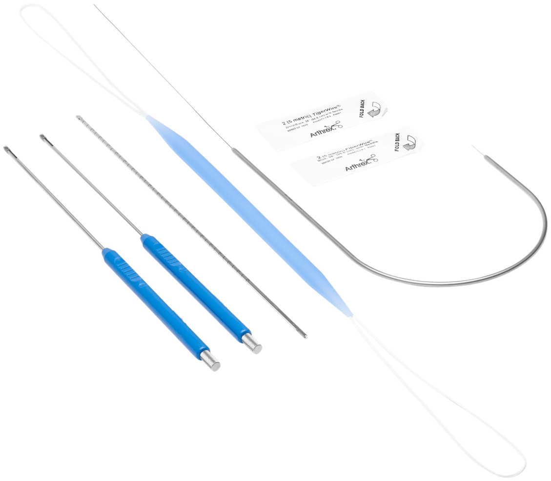 Two-Incision Distal Biceps Implant System (Includes: Two 2.6 mm x 7 mm Buttons w/Inserters, Two #2 FiberWire w/Needles (1 Blue/White, 1 Black/White), 3.2 mm Drill Pin, Flexible Obturator, and Curved Obturator w/Nitinol Wire)