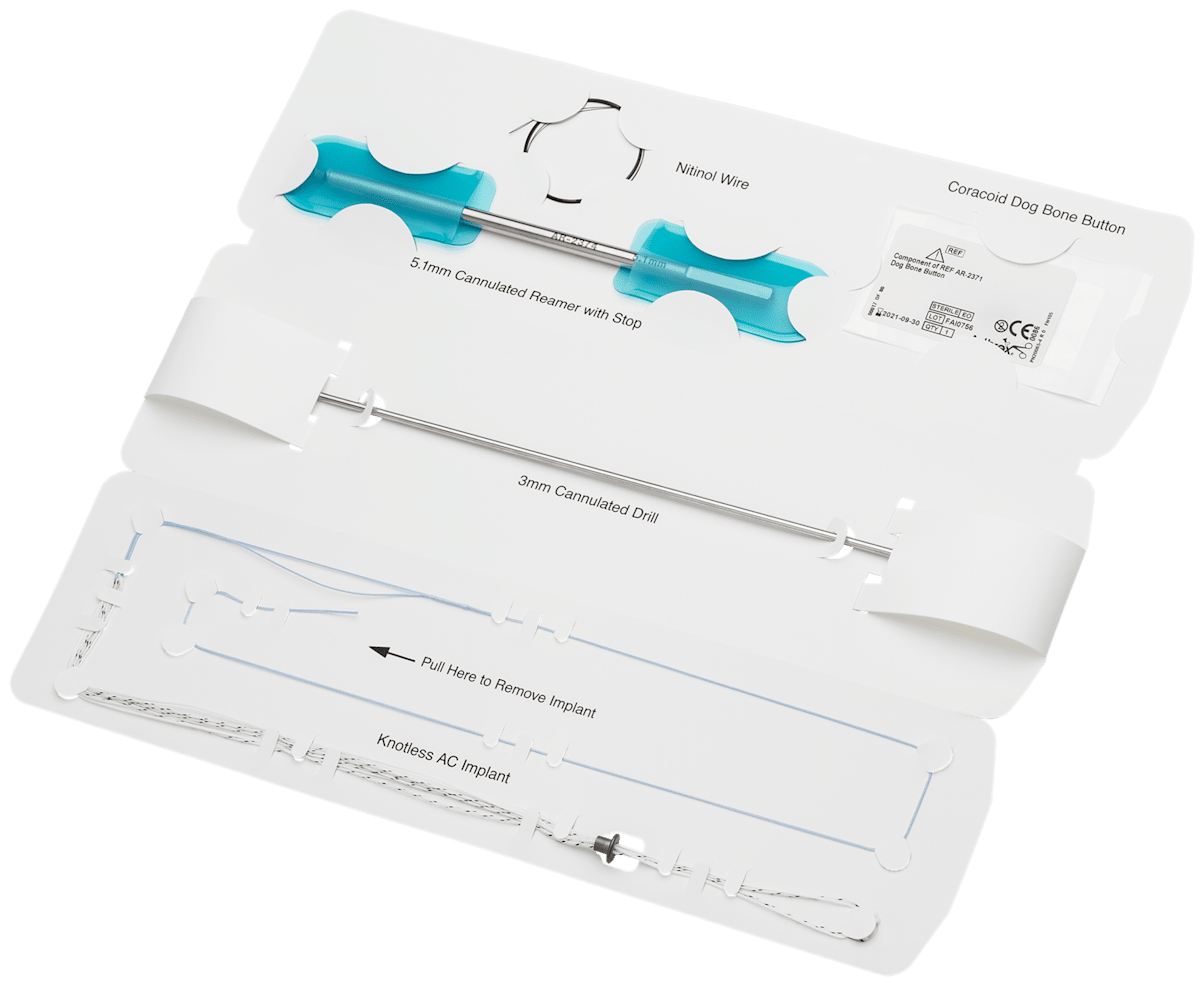 Low-Profile AC Implant System Includes Knotless AC Implant, Dog Bone Button, 3 mm Drill, SutureLasso SD Wire Loop and 5.1 mm Cannulated Reamer