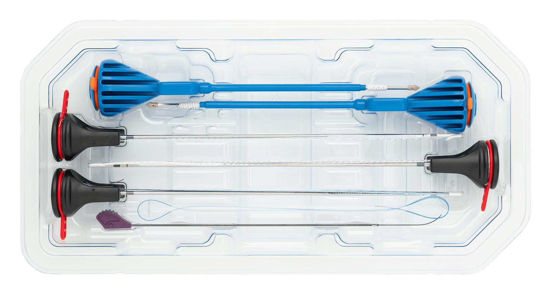 FiberTak SpeedBridge SP Implant System Includes three 2.6 FiberTak RC Self-Punching soft anchors w/ 1.7 FiberTape Loop and 1.3 mm SutureTape (1 white/black, white/blue, 1 blue, white/black, and 1 black/blue, blue), two 5.5 Knotless BioComposite SwiveLock SP anchors, w/ PEEK eyelet, HD Scorpion needle, and MegaLoader