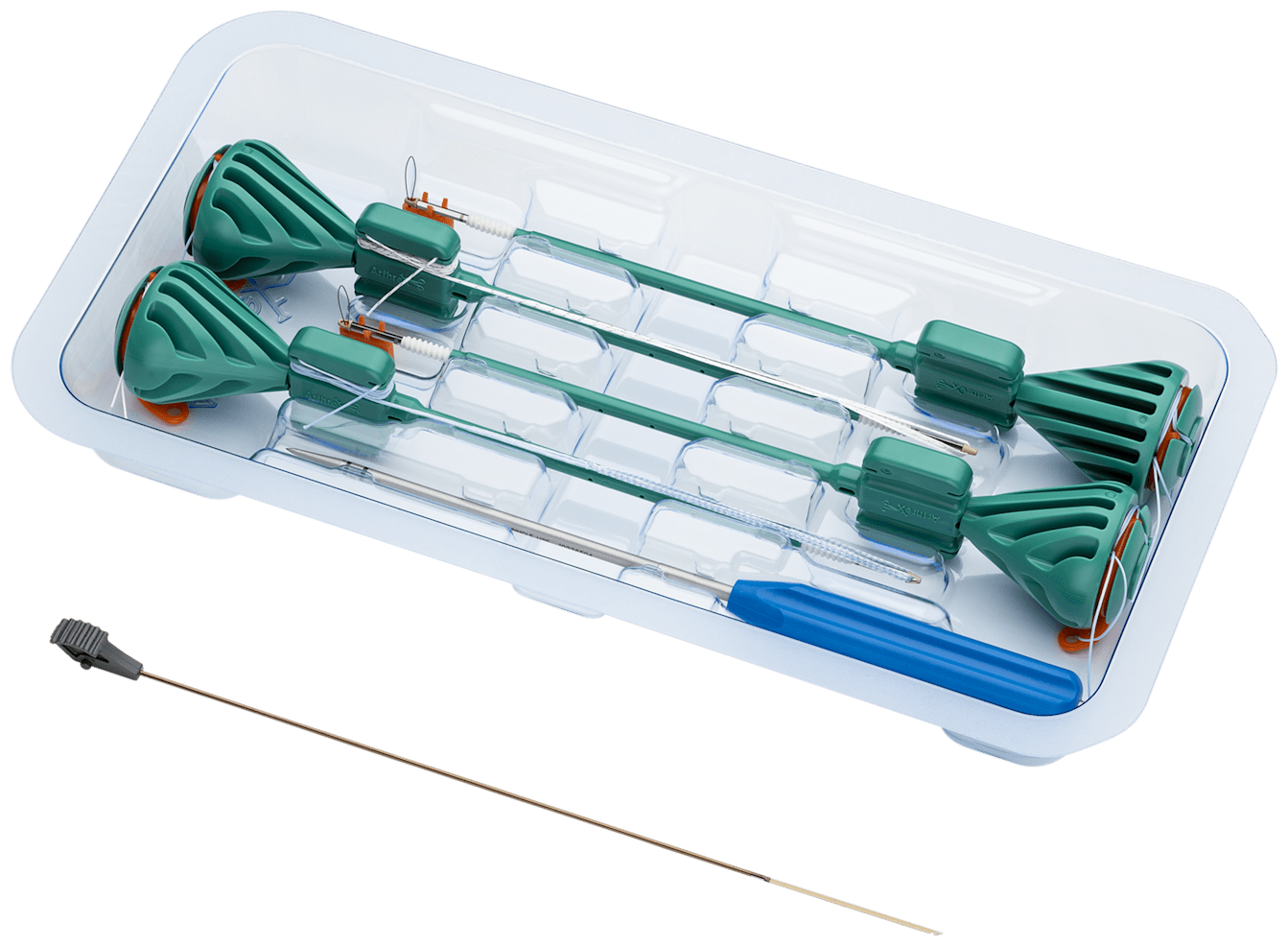 4.75 mm BioComposite SpeedBridge Implant System w/SCORPION-Multifire Needle Includes two 4.75 mm BioComposite SwiveLock C Anchors w/one Preloaded FiberTape Loop (1 Blue, 1 White/Black) for Medial Row, two 4.75 BioComposite SwiveLock Anchors for Lateral Row, Disposable Punch, and SCORPION-Multifire Needle
