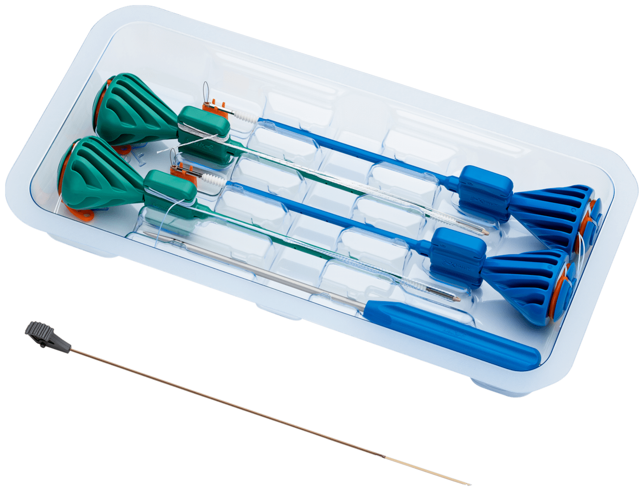 4.75/5.5 mm BioComposite SpeedBridge Implant System w/Scorpion Needle Includes two 4.75 mm BioComposite SwiveLock C anchors w/ one preloaded FiberTape Loop (1 Blue, 1 White/Black) for medial row, two 5.5 mm BioComposite SwiveLock C anchors for lateral row, disposable punch, and SCORPION-multifire needle.