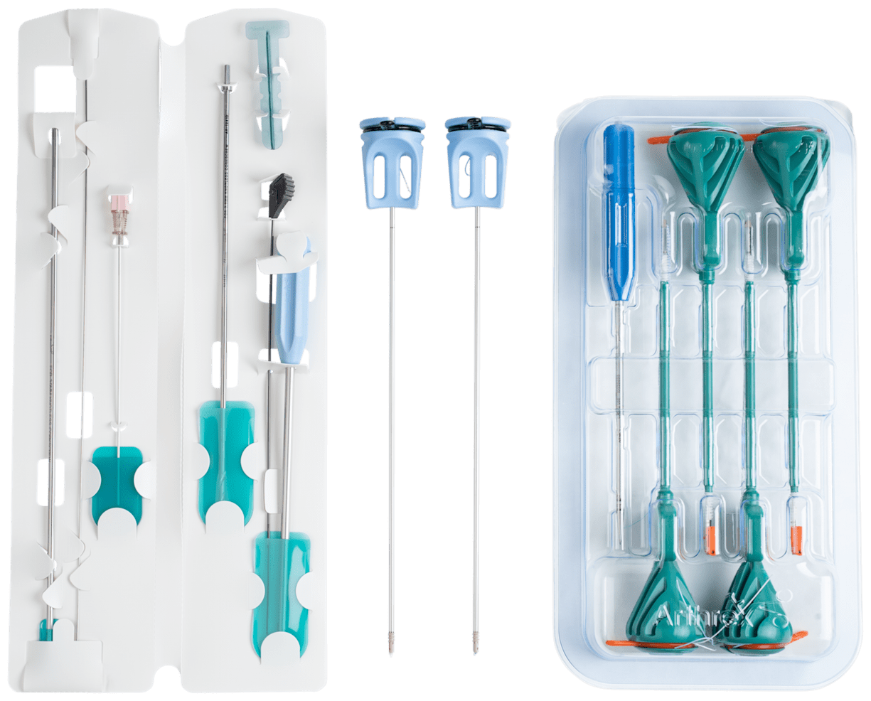 SCR Implant System Includes: Two 4.75 mm SwiveLock C Anchors w/1 Preloaded FiberTape Loop (Medial), two 4.75 SwiveLock C Anchors (Lateral), Disposable Punch, SCORPION-multifire Needle, two 3.9 PEEK Knotless Corkscrew Anchors, Disposable Fishmouth Spear, Drill, Portal Dilator, 17-ga Spinal Needle w/Stylet, Guide Pin, and PassPort Cannula Divider