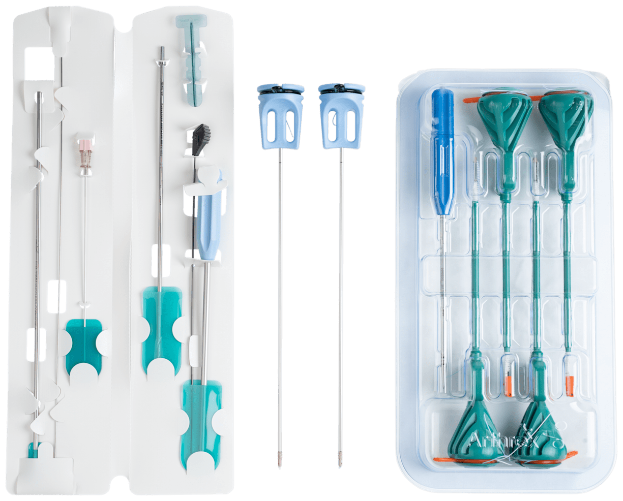 SCR-Implantatsystem, mit 4.75 mm BioComposite-SwiveLock, 3.9 mm PEEK-Knotless Corkscrew und Instrumenten