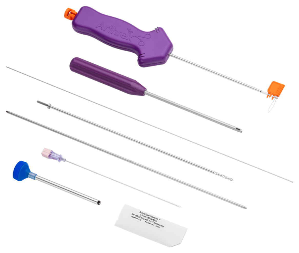 Short 2.9 mm BioComposite PushLock Implant System Includes 2.9 mm Short BioComposite PushLock Anchor, FiberLink SutureTape, and Percutaneous Kit (Including: Spear, Dilator, 17-ga Spinal Needle, Guide Pin, Drill, and Cannula)