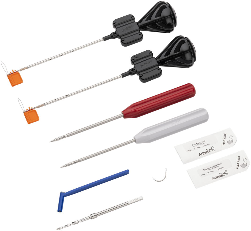 UCL <em>Internal</em>Brace System Includes Two 3.5 mm PEEK SwiveLock Anchors, Collagen-Coated FiberTape suture, 0 FiberWire Suture, Free Tapered Needle, 2.7 mm Drill, Drill Guide, 3.8 mm [Gray] and 4.2 mm [Red] Tap