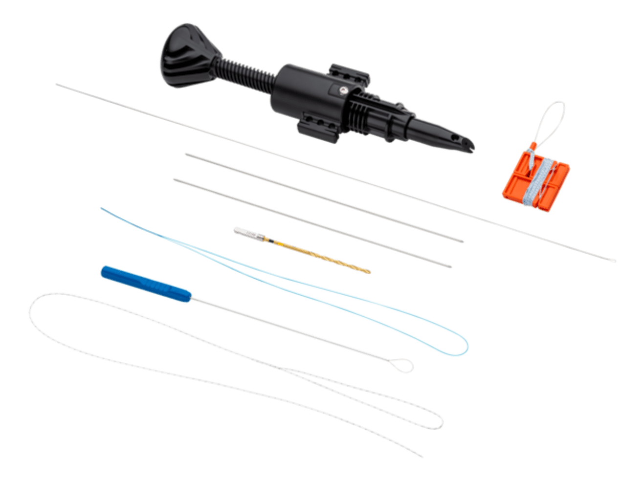 FiberTape Cerclage Tension Band System
Includes: Two FiberTape Cerclage sutures (2 mm, 48", 1-blue and 1-white/black), one FiberTape Cerclage Tensioner, one MegaLoader, two K-Wires (1.6 x 200 mm), one 2.5 mm drill bit, one Transosseous suture passer, and one Suture passing wire.