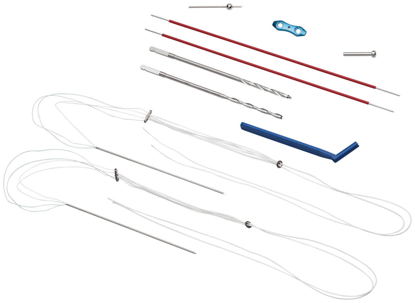 Implant System, Dual TightRope Syndesmosis 2 Hole Buttress Plate, with one 2 Hole Plate, two Knotless TightRope Assemblies, one Threaded BB-Tak, two 1.6 mm Guidepins, Drill Bit, Cannulated Drill Bit, Drill Guide and Guidewire Sleeve