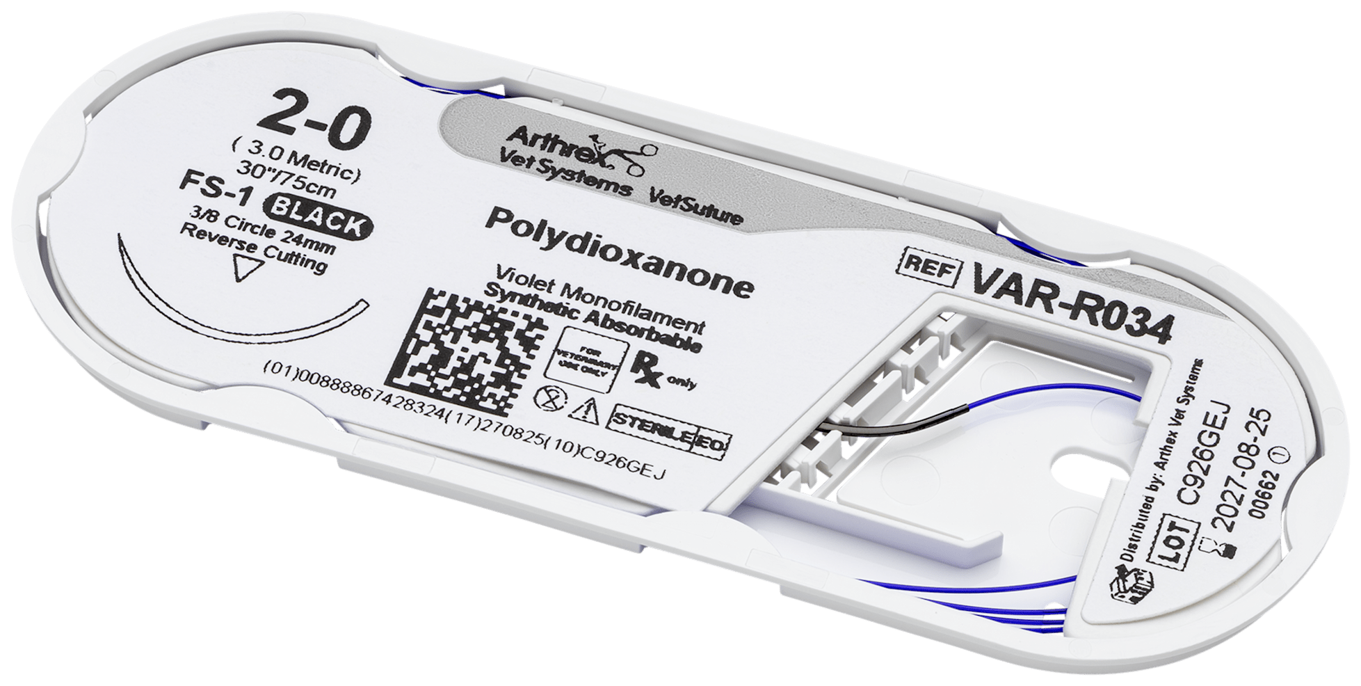 Polydioxanone 2-0 Violet 30”, FS-1 Reverse Cutting 24mm 3/8C