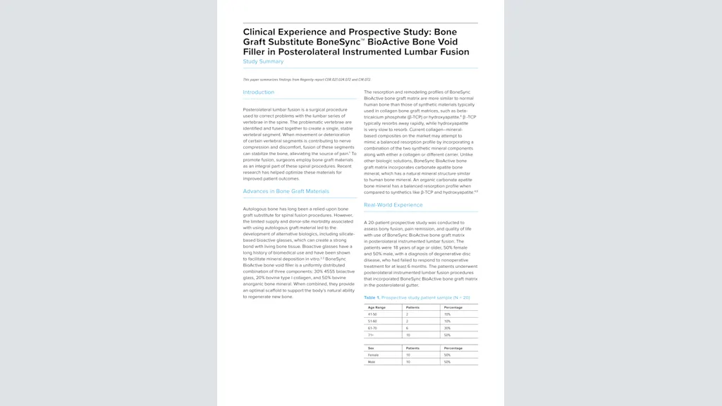 Clinical Experience and Prospective Study: Bone Graft Substitute BoneSync™ BioActive Bone Void Filler in Posterolateral Instrumented Lumbar Fusion