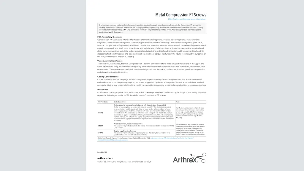 Metal Compression FT Screws - 2024 Coding and Reimbursement Guidelines