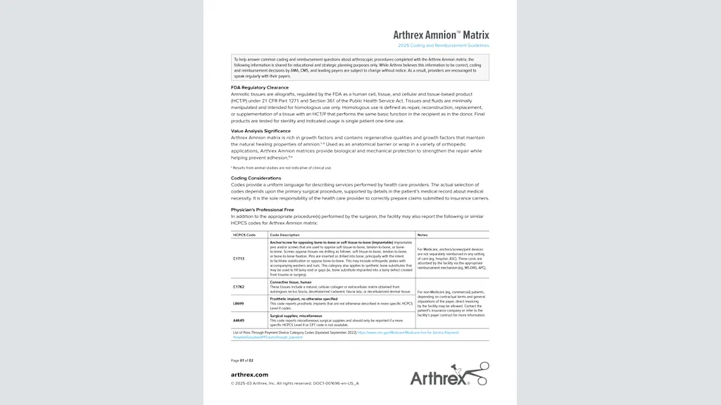 Arthrex Amnion™ Matrix 2025 Coding and Reimbursement Guidelines