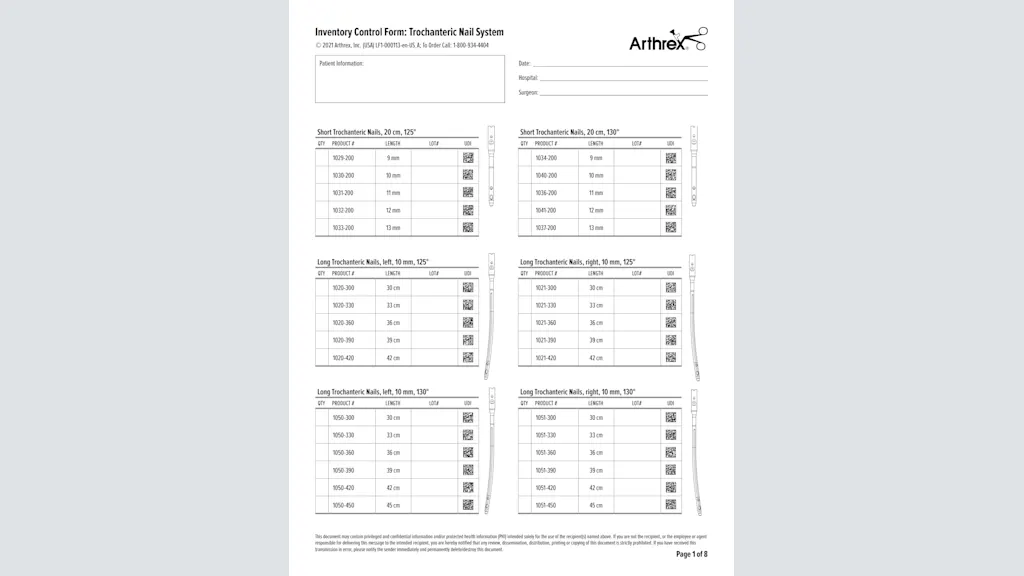 Inventory Control Form: Trochanteric Nail System