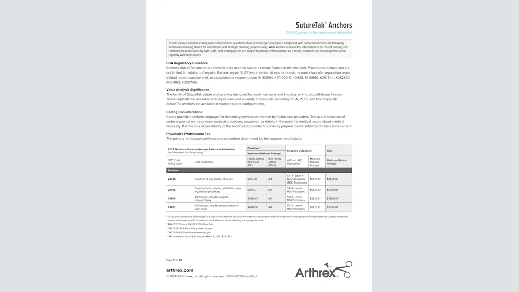 SutureTak® Anchors - 2024 Coding and Reimbursement Guidelines