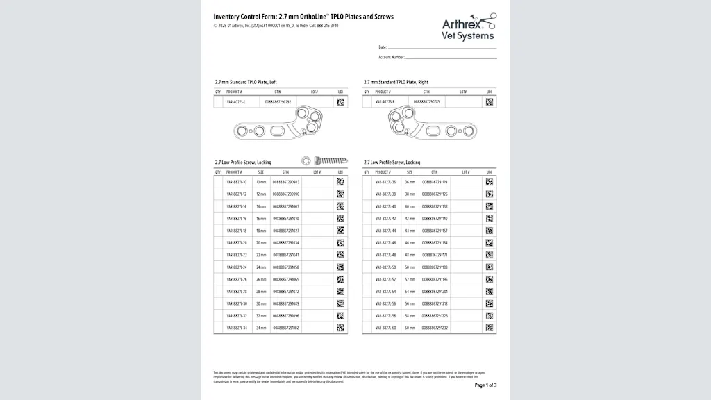 Inventory Control Form: 2.7 mm OrthoLine™ TPLO Plates and Screws