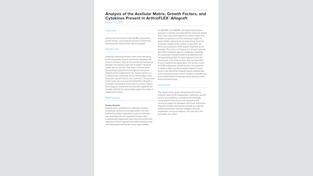 Analysis of the Acellular Matrix, Growth Factors, and Cytokines Present in ArthroFLEX® Allograft