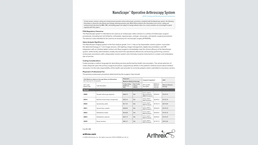 NanoScope™ Operative Arthroscopy System 2025 Coding and Reimbursement Guidelines