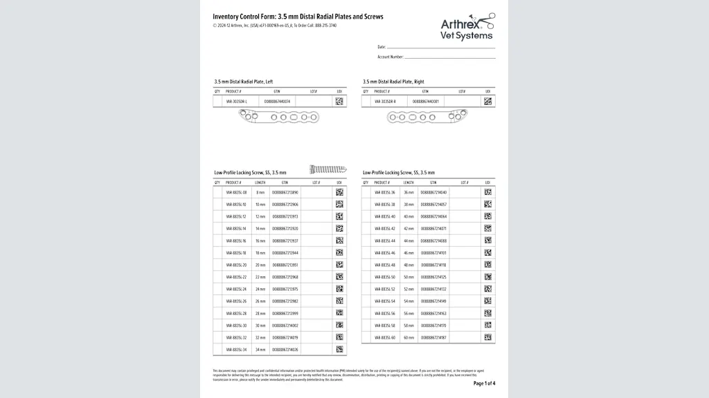 Inventory Control Form: 3.5 mm Distal Radial Plates and Screws