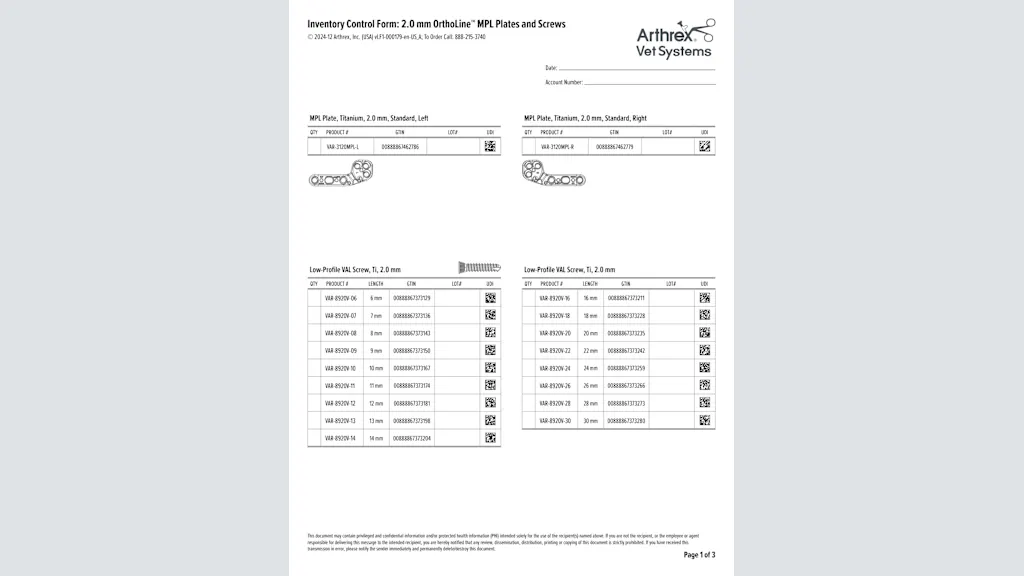 Inventory Control Form: 2.0 mm OrthoLine™ MPL Plates and Screws
