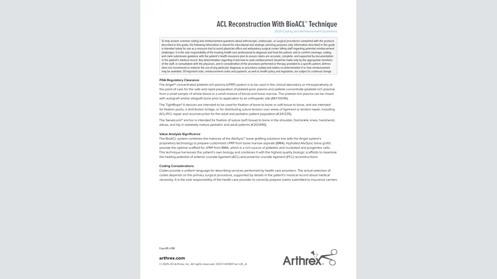 ACL Reconstruction With BioACL™ Technique 2025 Coding and Reimbursement Guidelines
