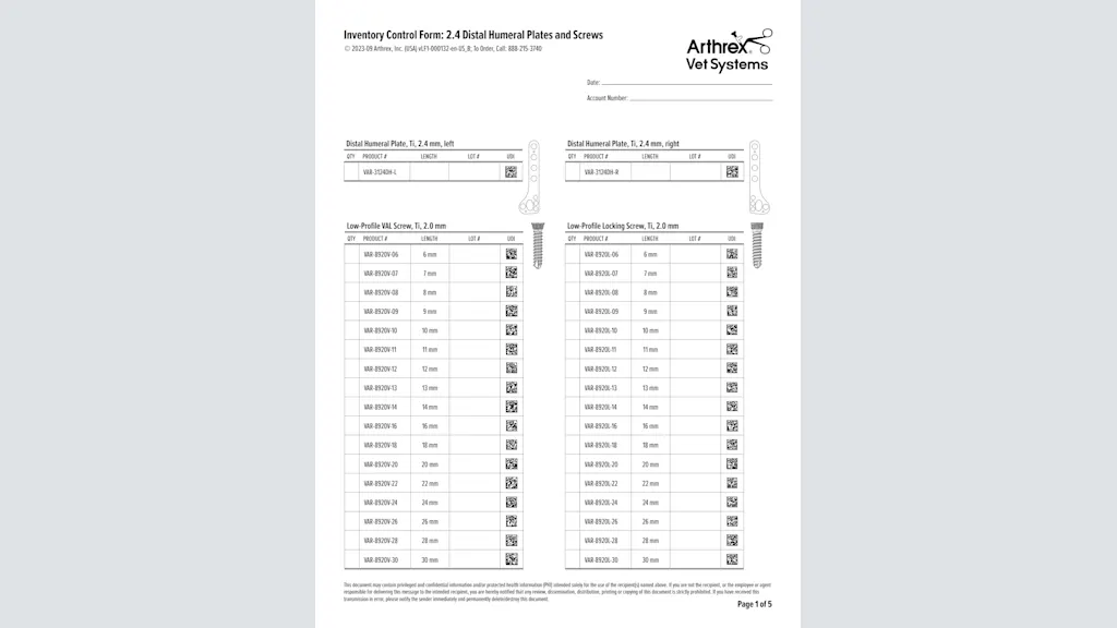 Inventory Control Form: 2.4 Distal Humeral Plates and Screws