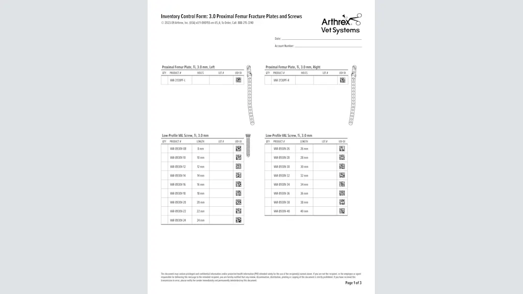 Inventory Control Form: 3.0 Proximal Femur Fracture Plates and Screws