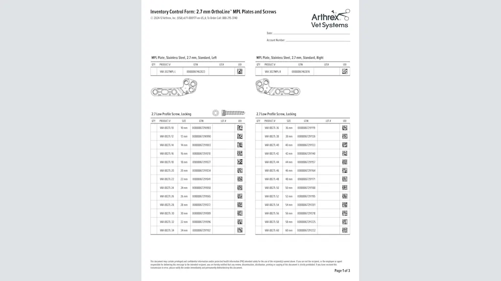 Inventory Control Form: 2.7 mm OrthoLine™ MPL Plates and Screws